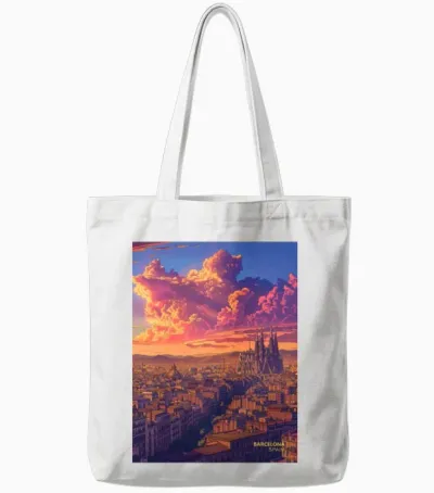 Sunset in Barcelona Spain Tote Bags - White