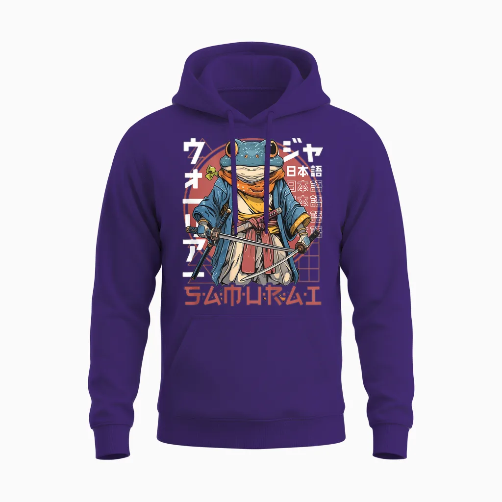 Japanese Samurai Frog Warrior Ukiyo Samurai Toad with Printed Print T-Shirt, Black Unisex Hoodie in Purple