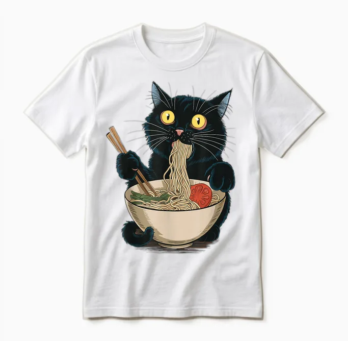 Funny Japanese Cat Eating Ramen Vintage Japanese Noodles Unisex T-Shirt in White