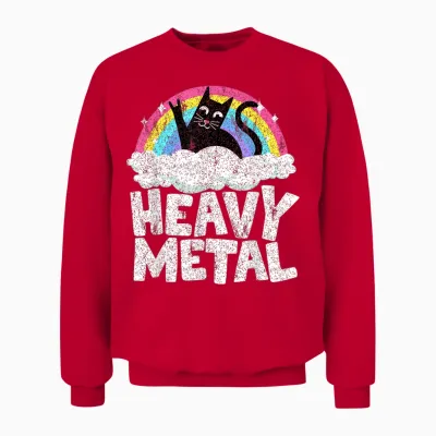 Heavy Metal Cat Satanic Children's Punk Rock Band Metal Rainbow T-Shirt, Black Unisex Sweatshirt - Red