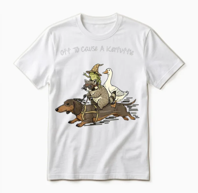 Off to Cause a Kerfuffle Frog Raccoon Goose Riding Dachshund Unisex T-Shirt in White