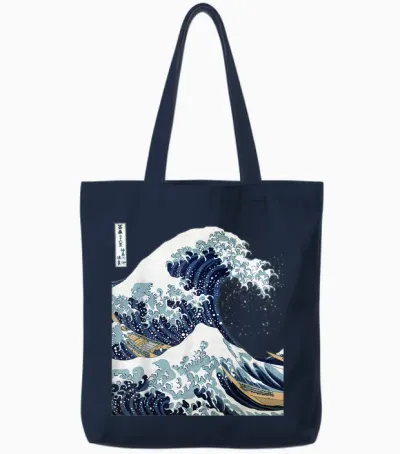 Big Wave Hokusai Famous Japanese Art T-Shirt, Black, S Tote Bags - Navy