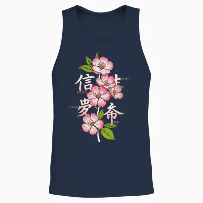 Japanese Flowers Printed Back Print Aesthetic Unisex Tank Top - Navy