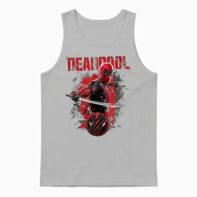 Marvel Deadpool & Wolverine Distressed Red Stamp Hero Logo T-Shirt, Black, S Unisex Tank Top - Ash