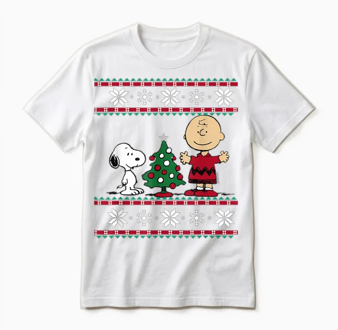 Peanuts Snoopy and Charlie Christmas Tree Short Sleeve T-Shirt Blue Unisex T-Shirt in White
