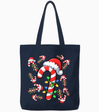 Red and White Candy Cane Santa Christmas Xmas Lights Tote Bags - Navy