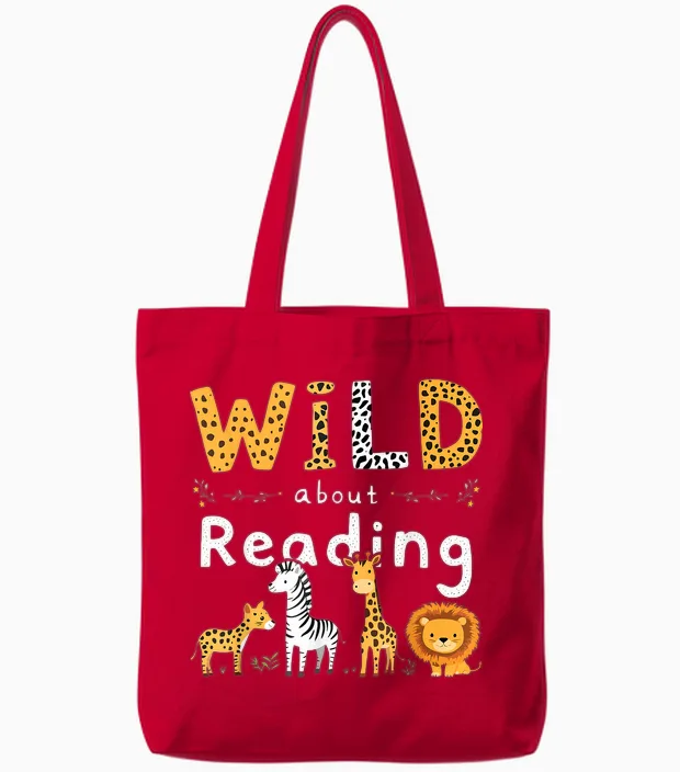 Animal Print Read a Book Character Kids Wild About Reading Tote Bags in Red