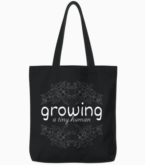 Growing a Tiny Human Pregnancy Announcement Mom Tote Bags in Black
