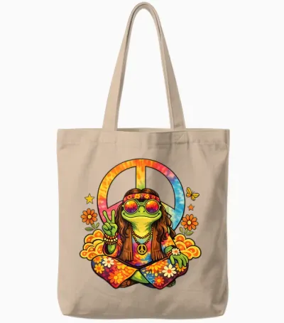 Colourful Hippie Frog with Peace Sign Flower Power Tote Bags - Natural