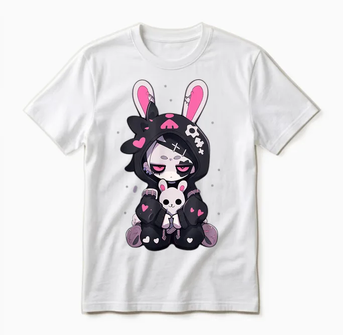 Goth Bunny Anime Girl Cute E-Girl Gothic Outfit Grunge Unisex T-Shirt in White