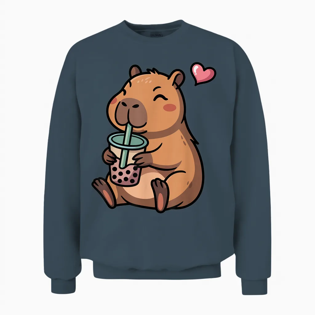 Cute Capybara Boba Bubble Tea Kawaii Capybara Girls Kids T-Shirt, Black, S Unisex Sweatshirt in Dark Heather