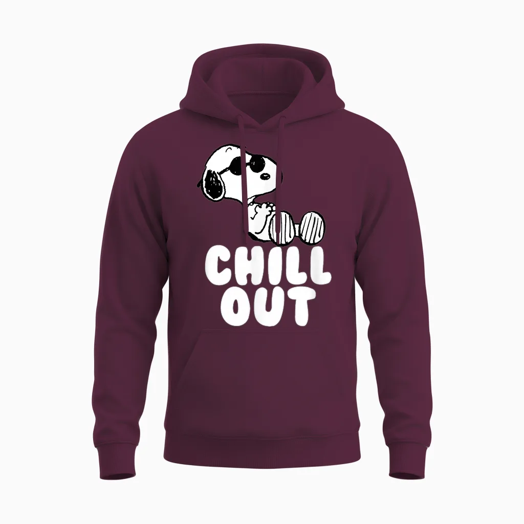 Peanuts Classic Fit Crew Neck T-Shirt - Chill Out Snoopy Graphic in Blue Unisex Hoodie in Maroon
