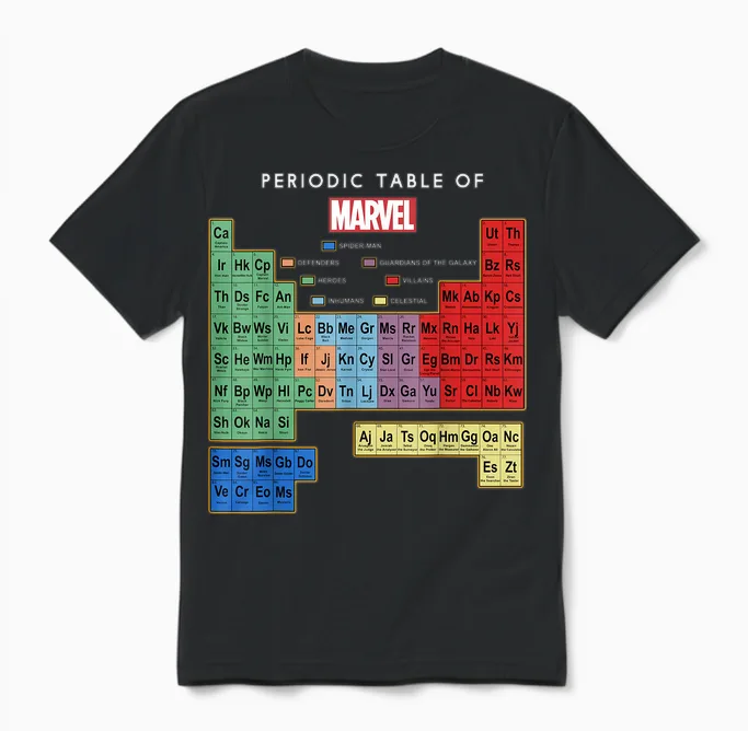 Marvel Ultimate Periodic Table of Elements Graphic Short Sleeve T-Shirt, Black, Small Unisex T-Shirt in Black