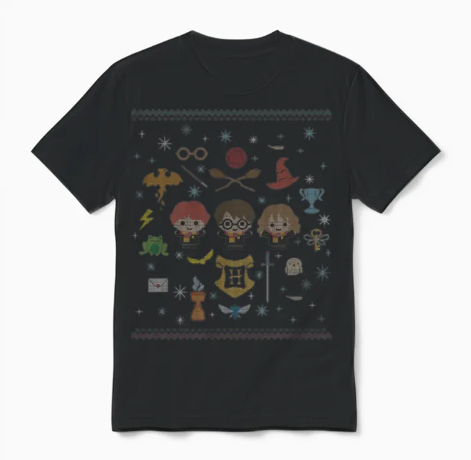 Harry Potter Ugly Christmas Chibi Design Unisex T-Shirt in Black
