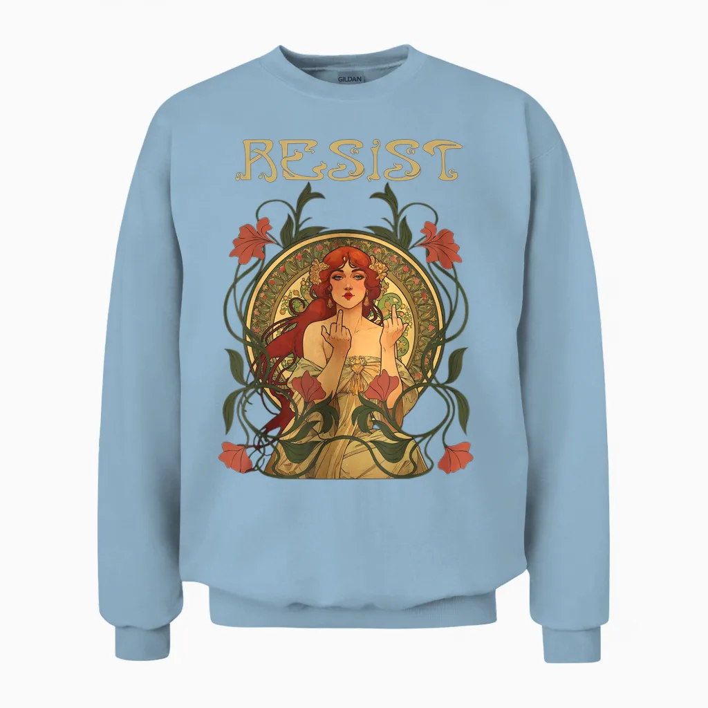 Resist Art Nouveau Mucha Anti-Trump Women Feminist Resist Unisex Sweatshirt in Light Blue