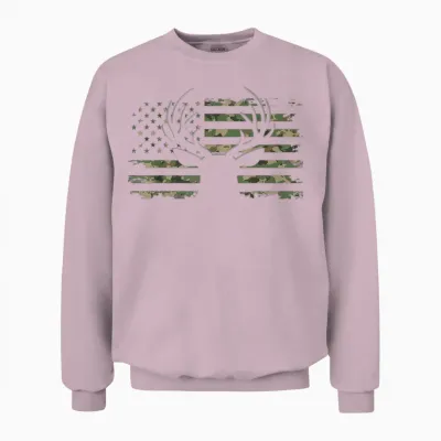 American Flag Camouflage Outdoor Antlers Deer T-Shirt Small Unisex Sweatshirt - Light Pink