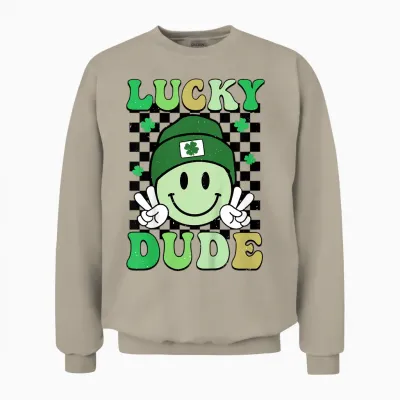 Kids Groovy Lucky Dude Shamrock Smile Boys Kids St. Patrick's Day Unisex Sweatshirt - Sand