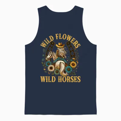 Retro Southern Sunset Cowgirl Wild Flowers - Wild Horses Unisex Tank Top - Navy