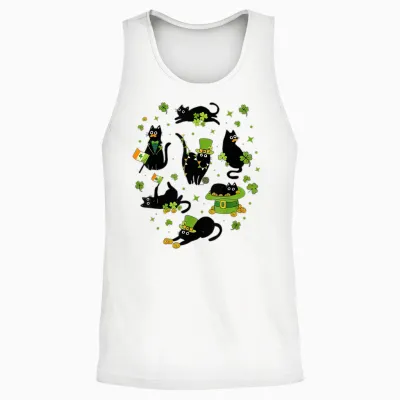 St Patricks Day Black Cat with Shamrock Irish Matching Unisex Tank Top - White