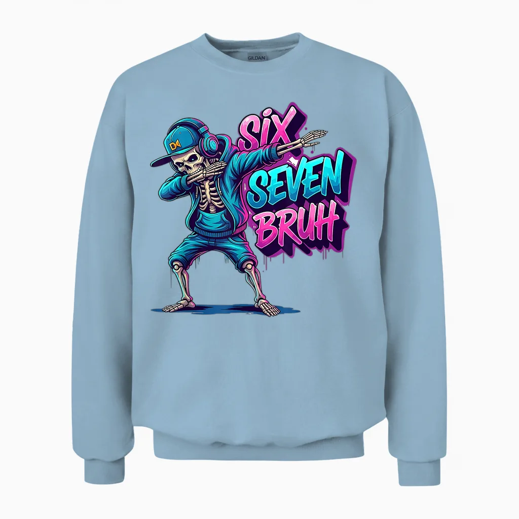 67 Funny Kids Meme Gen Alpha 6 7 Skeleton Six Seven Bruh Unisex Sweatshirt in Light Blue