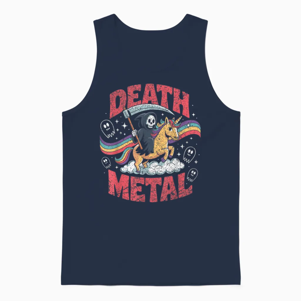 Death Metal Music Reaper Unicorn Rainbow Fun T-Shirt, Black, S Unisex Tank Top in Navy