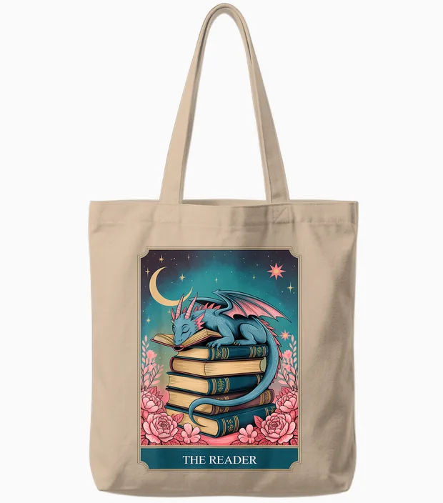 Tarot the Reader Mystic Book Dragon Moonlit Fantasy Art Tote Bags in Natural