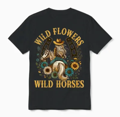 Retro Southern Sunset Cowgirl Wild Flowers - Wild Horses Unisex T-Shirt - Black