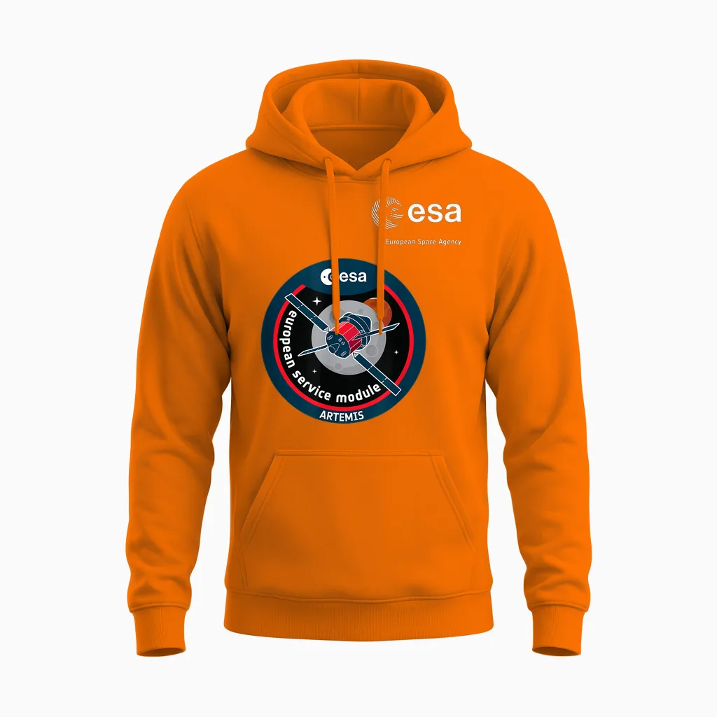 Esa European Space Agency Mission Esm Artemis Patch Unisex Hoodie in Safety Orange