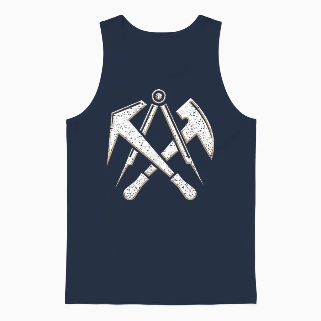 Roofer Craft Guild Sign with Tool on Chest T-Shirt, Black Unisex Tank Top in Navy