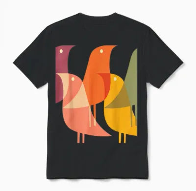 Bird Print Art Deco 60s Style Minimal Hippy Retro Cool Unisex T-Shirt - Black