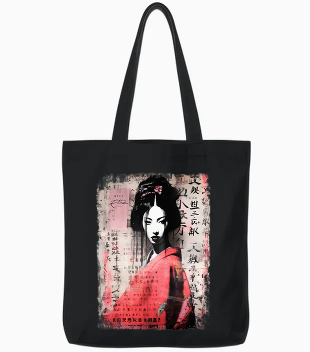 Geisha Asia Japan Woman Vintage Culture Tokyo Geisha Long Sleeve, Black Tote Bags in Black
