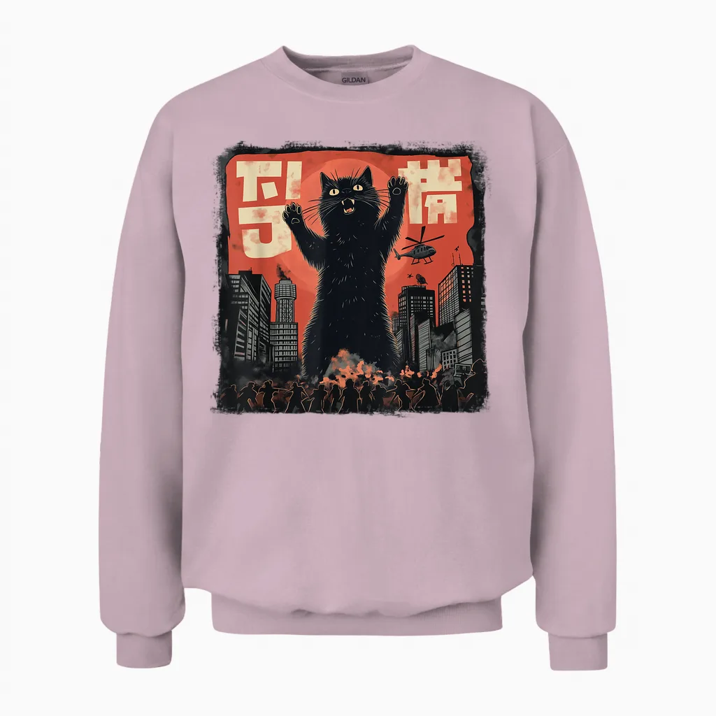 Vintage Japanese Cat Kaiju Monster Art Japan Retro Style T-Shirt, Black Unisex Sweatshirt in Light Pink