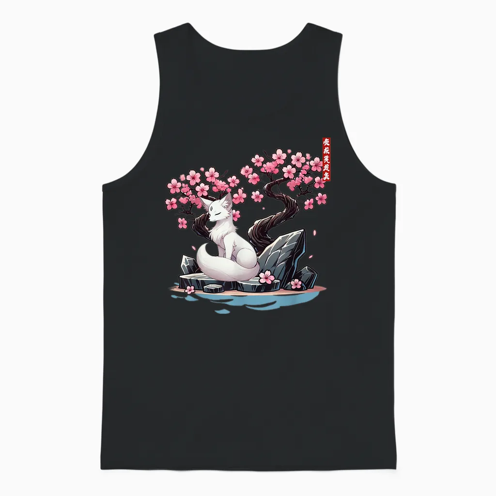 Japanese Kitsune Yokai White Fox Ghost Ukiyo E Sakura Unisex Tank Top in Black