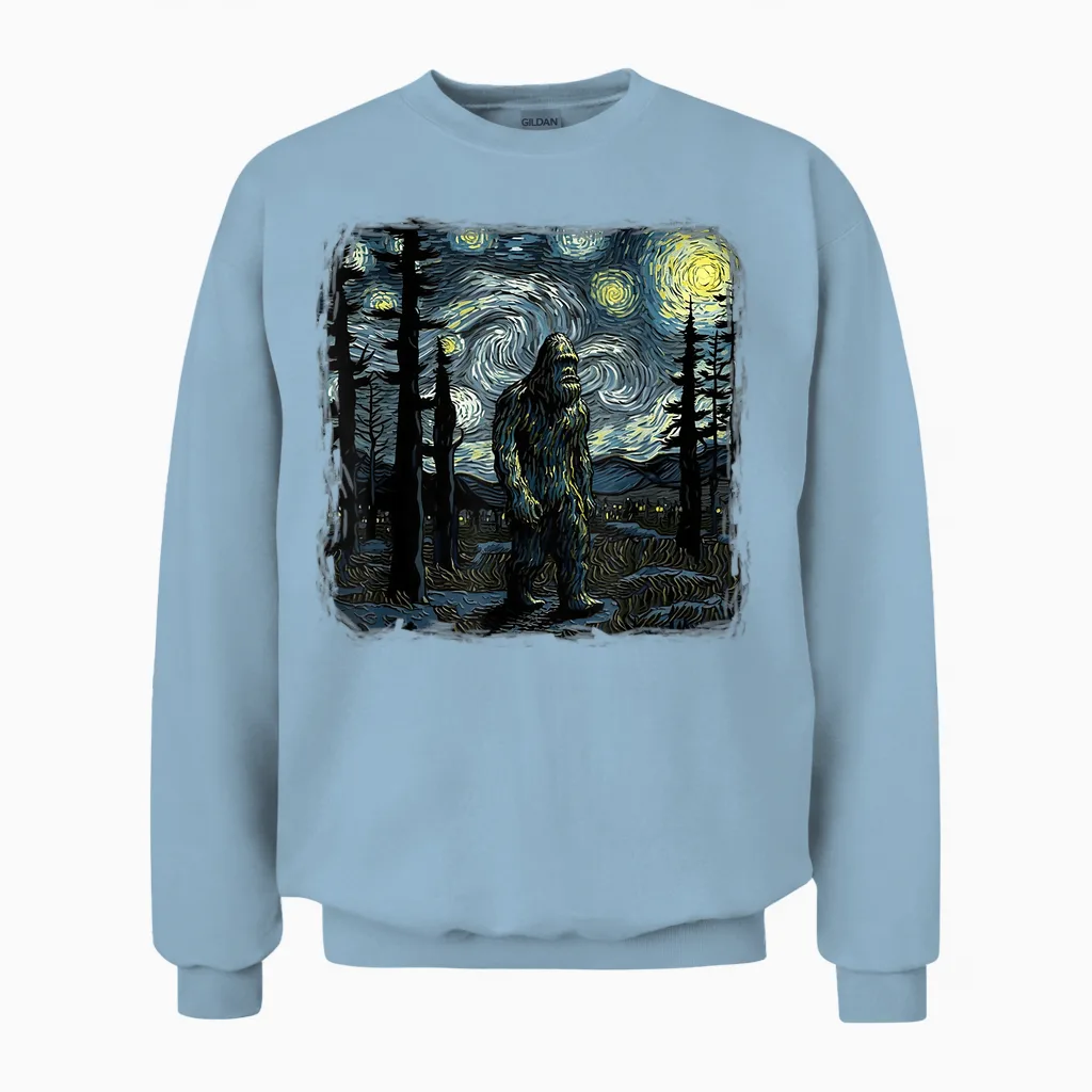 Bigfoot Starry Night Sasquatch Van Gogh Sky Painting Art Unisex Sweatshirt in Light Blue