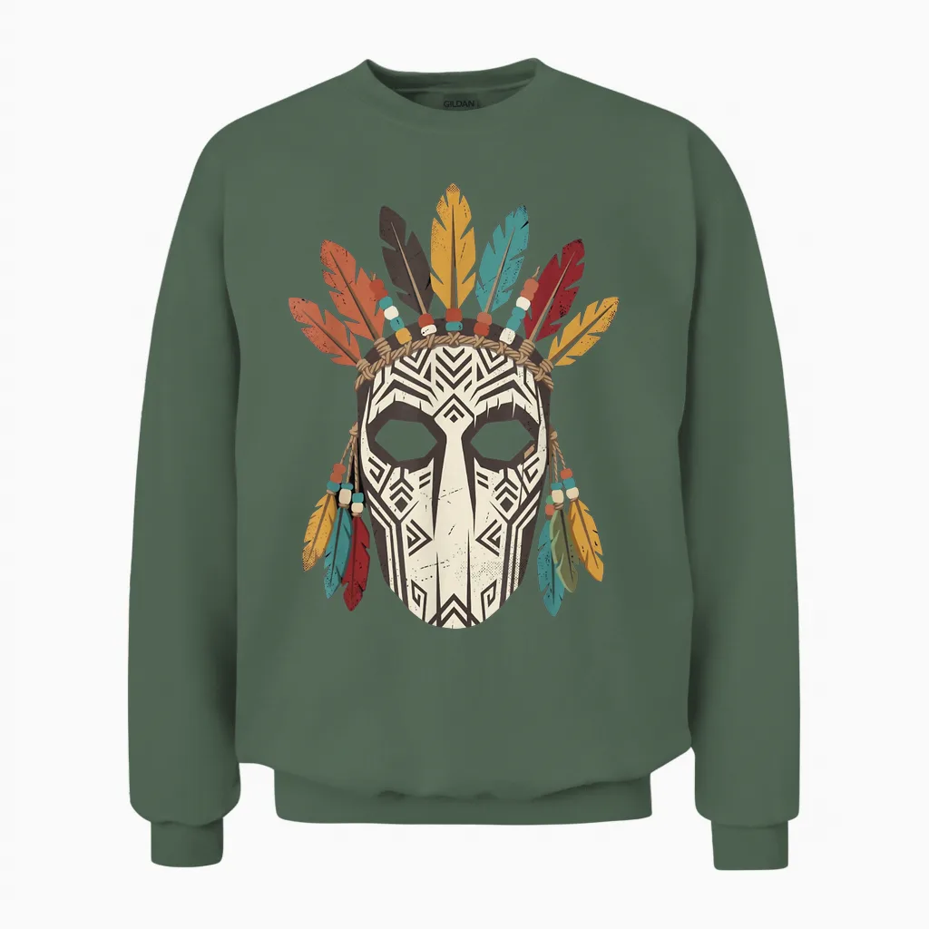 Masque Tribal Plume Coiffe Ethnique Halloween Unisex Sweatshirt in Military Green