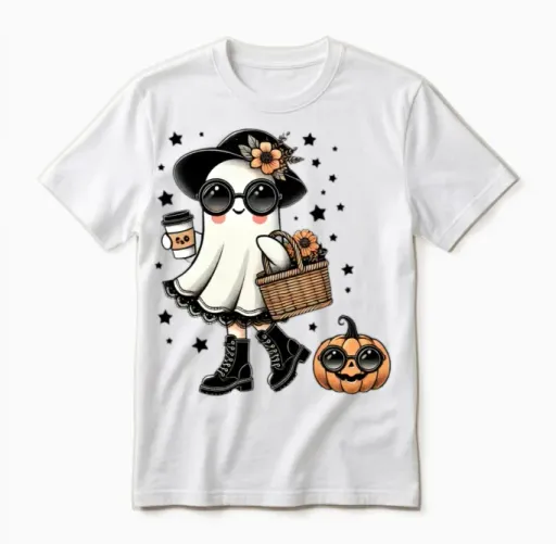Cute Ghost Drinking Coffee in Fall Halloween Unisex T-Shirt in White