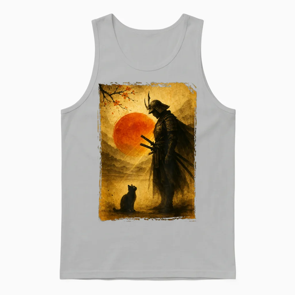 Samurai Warrior & Fighter | Black Cat, Vintage Japanese Art Unisex Tank Top in Ash
