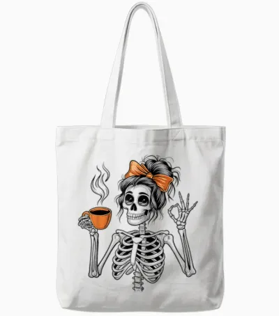 Halloween Skeleton Messy Bun Coffee Funny Costume Mom Women Tote Bags - White
