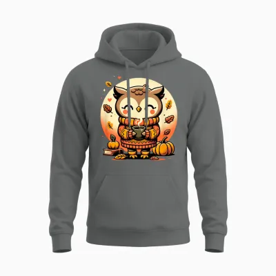 Cute Owl with Autumn Print Pullover T-Shirt, Black, S Unisex Hoodie - Graphite Heather