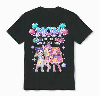 Mom of the Birthday Girl Cute Chibi Kpop Funny Korean Pop Unisex T-Shirt - Black