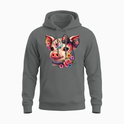 Adorable Pig Flower Graphic Pig Farm Animal Lovers for Women and Girls T-Shirt, Black, S Unisex Hoodie - Graphite Heather