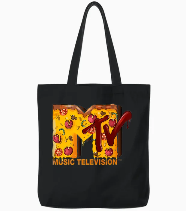 Mademark X Mtv - the Original Mtv Logo with a Pizza for Pizzalover Tote Bags in Black