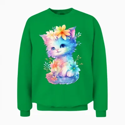 Baby Cat with Flowers Cute Cats Kitten Girls Daughter T-Shirt, White Unisex Sweatshirt - Irish Green