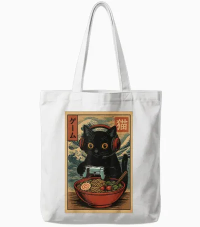 Cute Kawaii Gamer Cat Funny Ramen Retro Japanese Cat Gaming Tote Bags - White