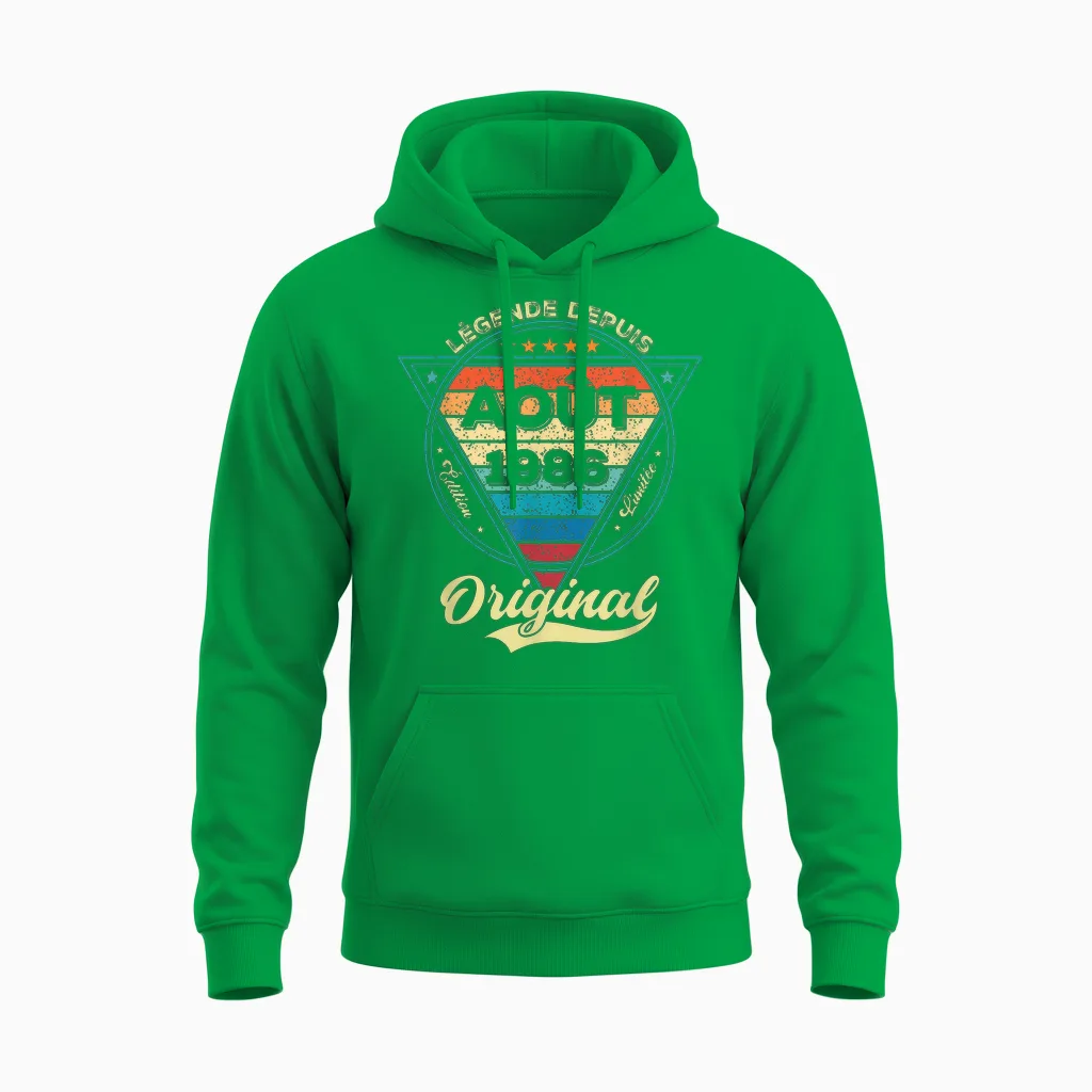 Legend Since August 1986 39th Birthday Unisex Hoodie in Irish Green