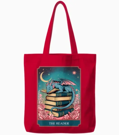 Tarot the Reader Mystic Book Dragon Moonlit Fantasy Art Tote Bags - Red