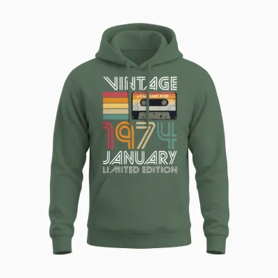 50th Birthday Vintage January 1974 Limited Edition Unisex Hoodie - Military Green