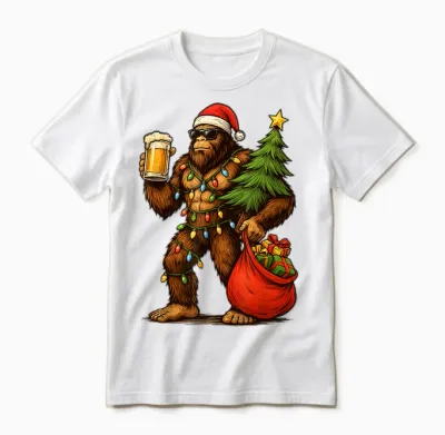 Funny Big Foot Santa Hat Drink Christmas Tree Xmas Men Unisex T-Shirt - White