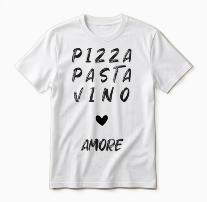 Pizza Pasta Vino Amore Unisex T-Shirt in White