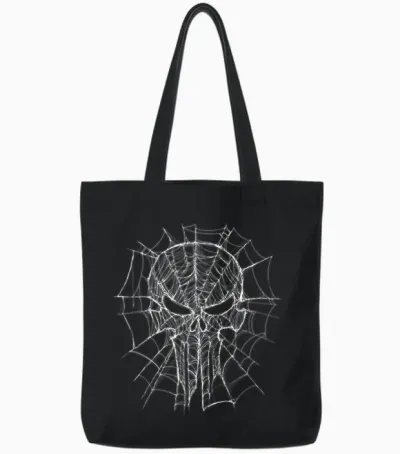 Marvel Studios Spider-Man: Bnd Movie 2026 Punisher Skull Web Tote Bags - Black